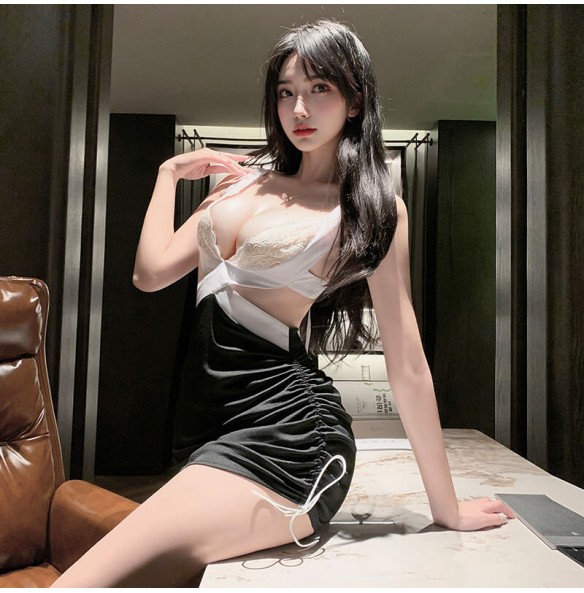 FEE ET MOI - Sultry Deep V Secretary Outfit (White - Black) FEE ET MOI - Sultry Deep V Secretary Outfit (White - Black)